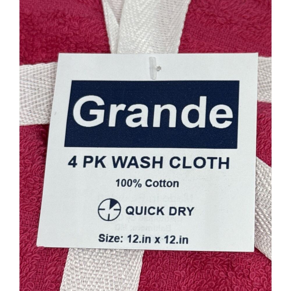 Grande Pink Wash Cloths 4 Pack 100% Cotton Quick Dry 12” X 12” New with Tags - Picture 2 of 6